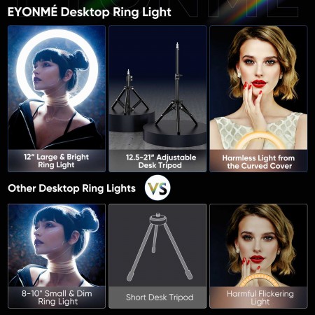Selfie Ring Light with Black Tripod Stand 12-inch Dimmable Desktop Ringlight with DIY Ports, Circle Light LED Camera Lighting for Live Stream /Makeup, Compatible with iPhone Android